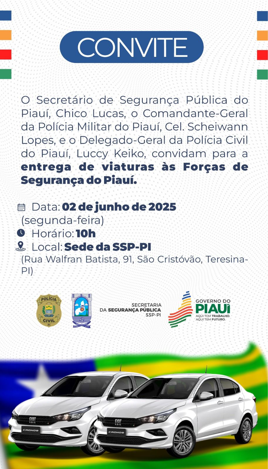Secretaria de Segurança realiza entrega de nove viaturas para Polícia Civil e Militar nesta segunda (02)
